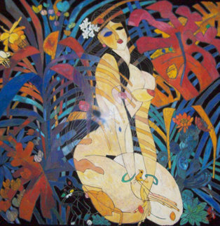 Girl in Jungle 1988 50x51 Original Painting - Tie-Feng Jiang Girl in Jungle 1988 50x51 Original Painting - Tie-Feng Jiang