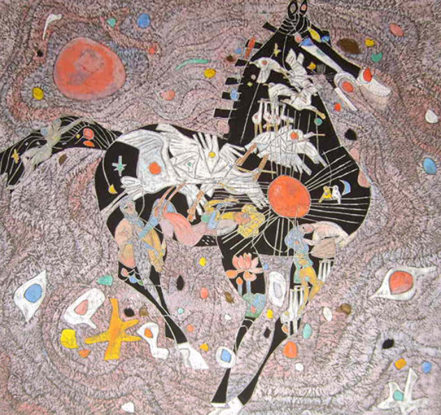 Black Horse 1988 40x40 Huge Original Painting by Tie-Feng Jiang