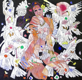 White Doves 1986 48x52 Huge Original Painting - Tie-Feng Jiang White Doves 1986 48x52 Huge Original Painting - Tie-Feng Jiang
