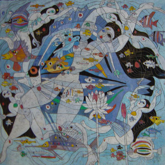 Fish World 1989 49x49 Huge Original Painting - Tie-Feng Jiang Fish World 1989 49x49 Huge Original Painting - Tie-Feng Jiang