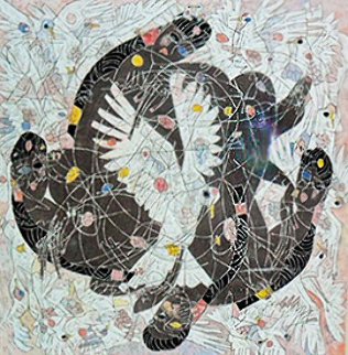 Lady And White Birds 1987 55x55 Super Huge Original Painting - Tie-Feng Jiang Lady And White Birds 1987 55x55 Super Huge Original Painting - Tie-Feng Jiang