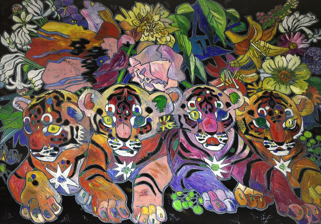 Four Little Friends 1996 51x41 Original Painting by Tie-Feng Jiang