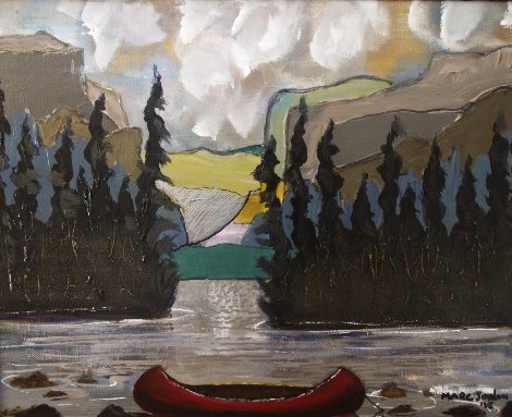 Red Canoe And Mountains 2015 22x26 Original Painting - Marc Jordan