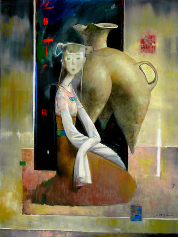 Girl with Terra Cotta Vessel 2001 48x36 - Huge Original Painting - Ju Hong Chen