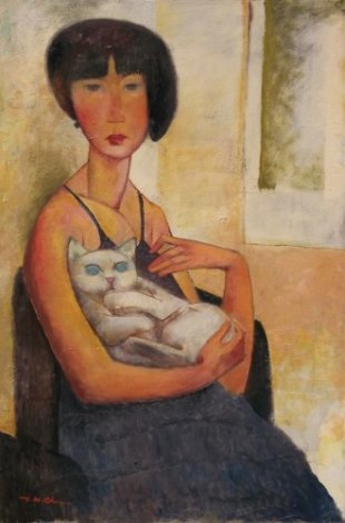 Girl With a Cat 2012 36x24 Original Painting - Ju Hong Chen