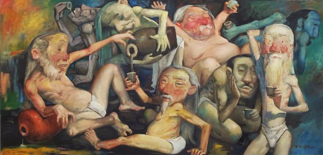 Ancient  Chinese  Nudists Drinking Party 2001 26x54 - Huge Original Painting by Ju Hong Chen