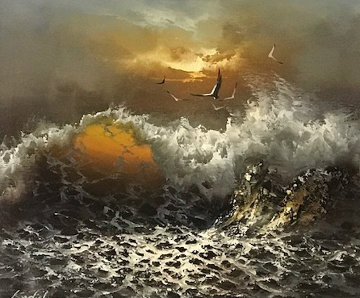 Crashing Waves 1971 22x26 Original Painting - Menashe Kadishman