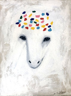 White Sheep With Crown 1990 35x28 Original Painting - Menashe Kadishman