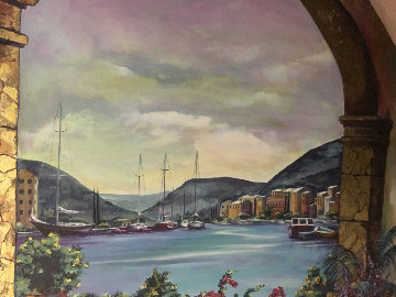 Village By the Sea 2005 45x65 Original Painting - Karen Stene Village By the Sea 2005 45x65 Original Painting - Karen Stene