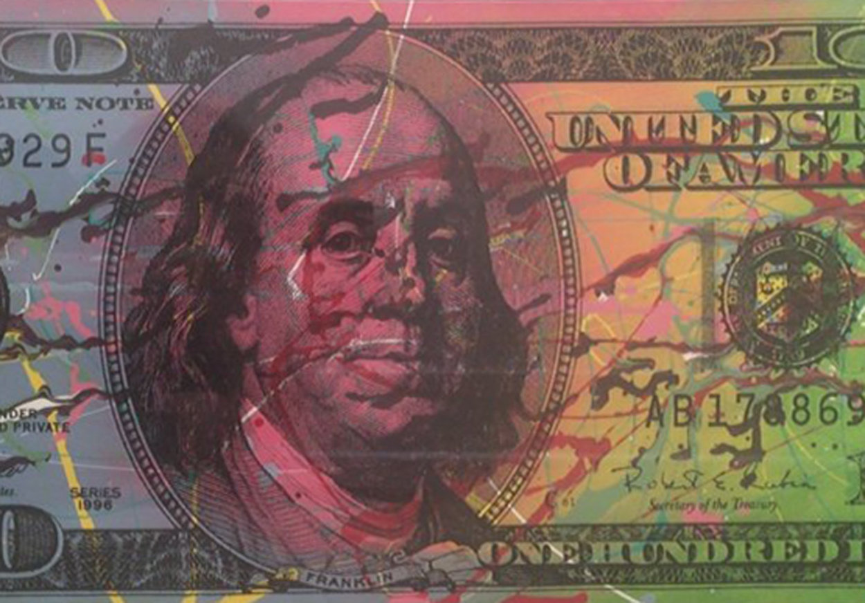New $100 Bill Splattered Unique Embellished Limited Edition Print by Steve Kaufman New $100 Bill Splattered Unique Embellished Limited Edition Print by Steve Kaufman