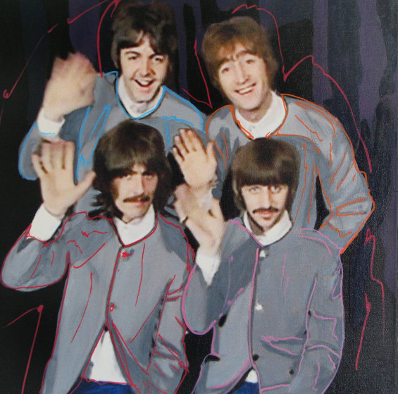 Beatles in Grey Jackets Unique 2002 19x19 Original Painting by Steve Kaufman Beatles in Grey Jackets Unique 2002 19x19 Original Painting by Steve Kaufman