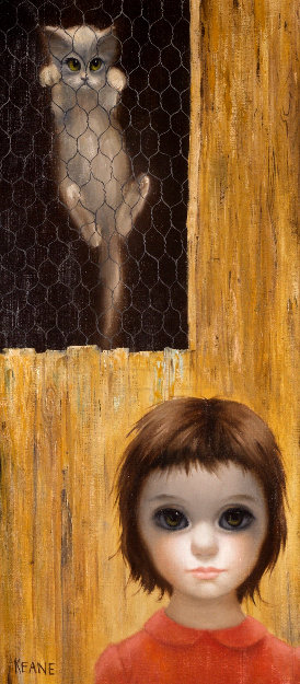 Untitled Girl With Cat 1962 38x20 (Big Eyes) Original Painting - Margaret D. H. Keane