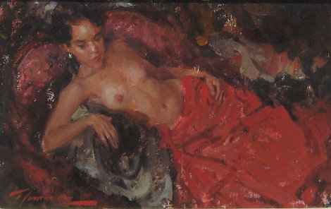 Nude in Red 1993 19x15 Original Painting - Ramon Kelley