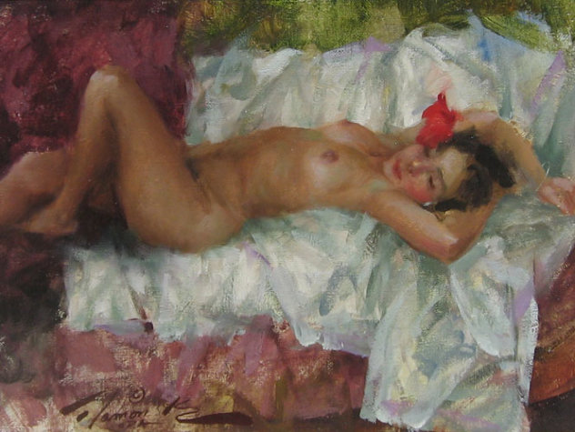 Nude Woman with a Rose in Her Hair 1993 25x21 Original Painting by Ramon Kelley