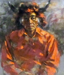 Buffalo Horns Sioux Pastel 1981 32x27 Works on Paper (not prints) by Ramon Kelley