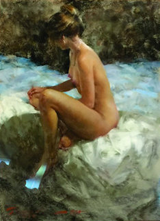Shadows of Blue and Gold Nude 1984 30x35 Original Painting - Ramon Kelley