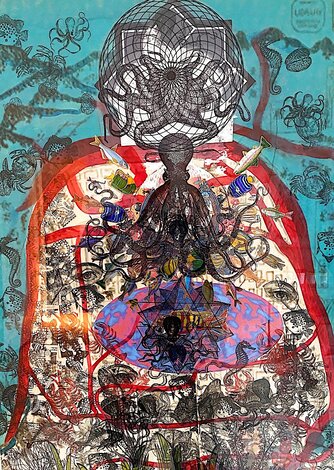 Octopus Meditations Series: Kelp King with Nine Brains 2023 32x32 Mixed Media on Canvas Original Painting - Ed Kerns