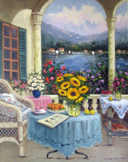 Unaltd Painting 40x30 oil on canvas Seaside Balcony with Flowers