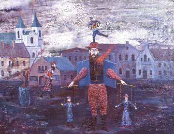 Shtetl Puppeteer 1988 23x29 Original Painting - Alex Khomsky