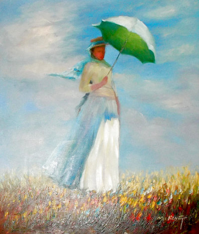 Woman with Umbrella 32x28 1960s! EARLY Original Painting - Mark King