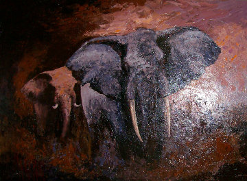 Elephants At Sundown 2005 40x54 Huge Original Painting - Mark King Elephants At Sundown 2005 40x54 Huge Original Painting - Mark King