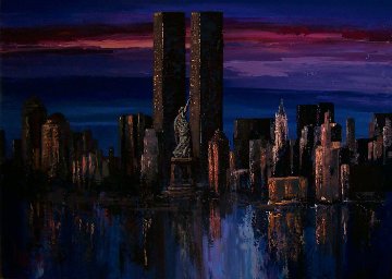 Twin Towers - Midnight Reflections New York 42x54 Huge Original Painting - Mark King Twin Towers - Midnight Reflections New York 42x54 Huge Original Painting - Mark King