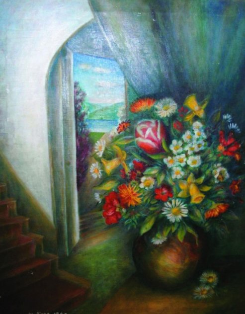 Vase With Flowers And Interior 1940 40x34 Huge - Mural Size Original Painting by Moise Kisling