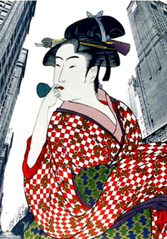 Woman Playing a Poppin After Utamaro AP 1981 Limited Edition Print - Michael Knigin