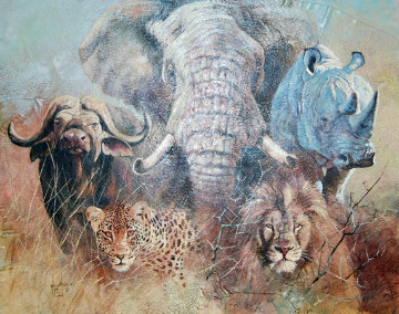 Big Five on Leather 1996 29x37 Original Painting - Kobus Moller Big Five on Leather 1996 29x37 Original Painting - Kobus Moller