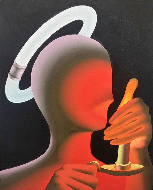 Cool Halo / Hot Candle 1992 30x23 Original Painting - Mark Kostabi
