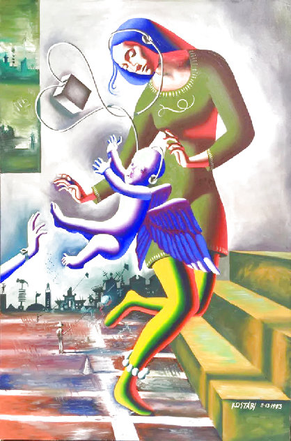 Reaching (The Madonna) 1983 74x52 - Huge Mural Size Original Painting by Mark Kostabi