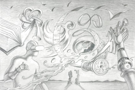 Virtual Metamorphosis 2023 15x17 Drawing - Mark Kostabi