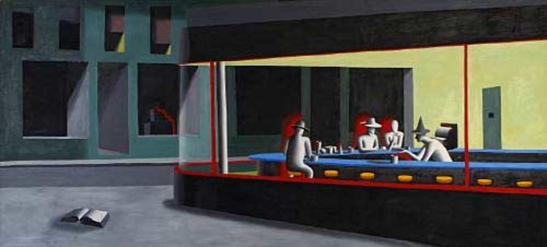 mark kostabi original painting, greenwich avenue, mural sized painting