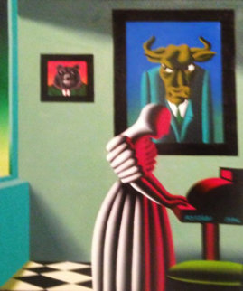 Untitled, Wall Street Bull and Bear 1996 35x29 Original Painting - Mark Kostabi