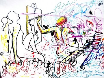 Out of Line Drawing 2012 37x47 Huge Drawing - Mark Kostabi Out of Line Drawing 2012 37x47 Huge Drawing - Mark Kostabi