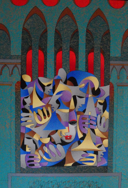 Teal And Gold With Red Arches 2005 Embellished Limited Edition Print by Anatole Krasnyansky