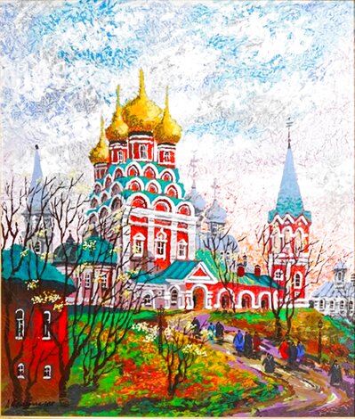 Red Cathedral Embellished Serigraph on Canvas - Huge Limited Edition Print - Anatole Krasnyansky