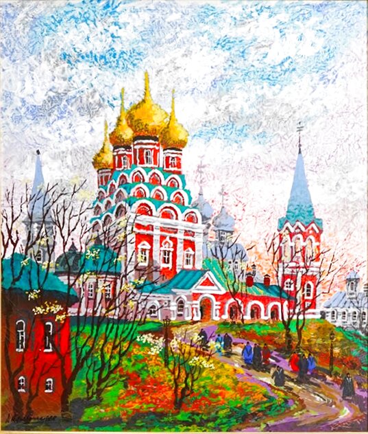 Red Cathedral Embellished Serigraph on Canvas - Huge Limited Edition Print by Anatole Krasnyansky