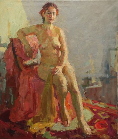 Nude in a Sunny Room 1950 39x33 Original Painting - Olga Kulagina