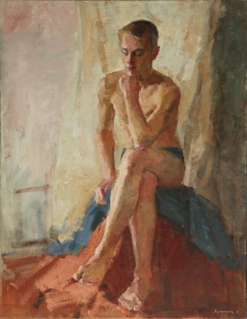 Sitting Boy 1960 34x27 Original Painting by Olga Kulagina