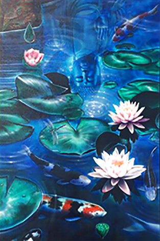 Koi Pond 1985 74x50 Acrylic on Canvas - Huge Mural Size Original Painting - Terry Lamb