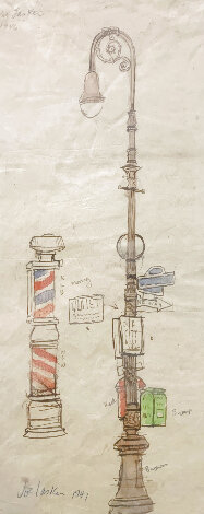 Barbershop Pole and Streetlamp 1946 16x8 Drawing - Joe Lasker