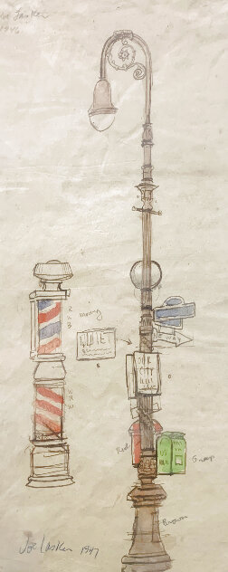 Barbershop Pole and Streetlamp 1946 16x8 Drawing by Joe Lasker