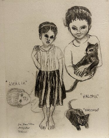 Amalia, Paloma, and Bindongo 17x14 Drawing - Joe Lasker