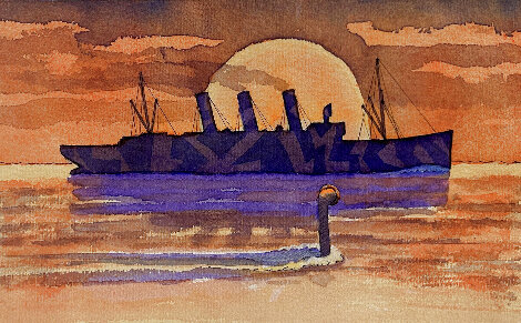 Camouflaged Ship and Sub Watercolor 10x11 Watercolor - Joe Lasker