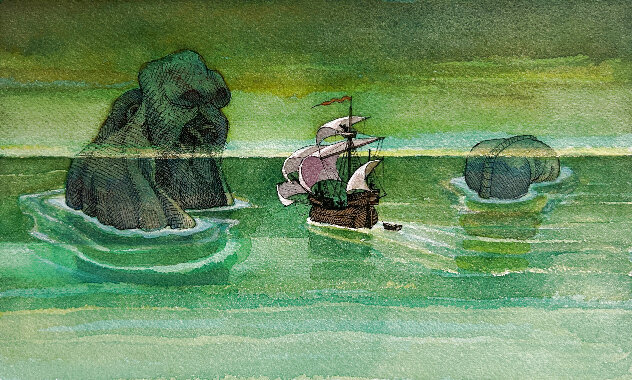 Sea Monster Apparition Watercolor 5x9 Watercolor by Joe Lasker