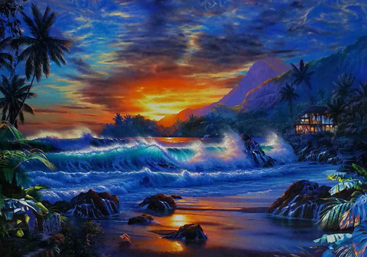 Eternal Embrace Ap 2004 40x52 Roland Printing On Canvas Of Vibrant Hawaiian Beach Sunset In Blue