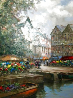 Flower Market Barge 59x46 Super Huge Original Painting - Pierre Latour Flower Market Barge 59x46 Super Huge Original Painting - Pierre Latour