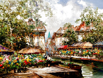 Flower Market Barge 1990 39x49 Original Painting - Pierre Latour