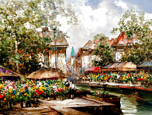Flower Market Barge 1990 39x49 Original Painting by Pierre Latour